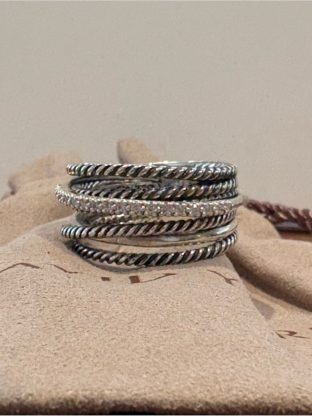 David Yurman Sterling Silver Multi-Band Rope and Pavé Diamonds Crossover Ring